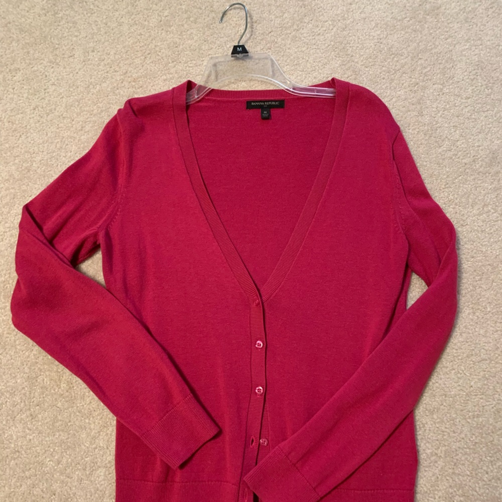 Cardigan. Rich lighter burgundy color. Perfect for office or to wear with jeans.